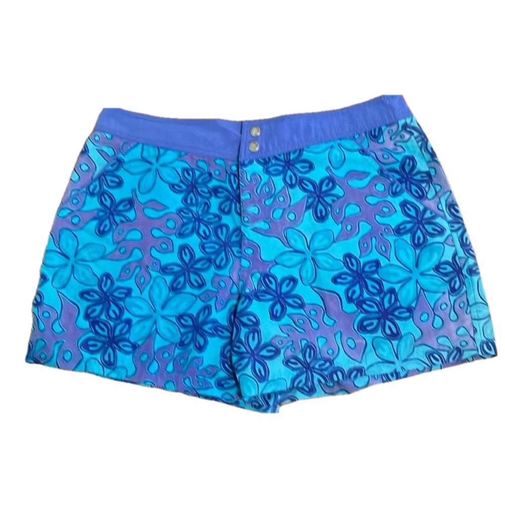 Seafolly board shorts, Caribbean blue and purple tropical floral print.